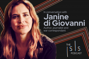 The Isis Podcasts logo in the top right corner, a headshot of Janine di Giovanni to the left, the text "In conversation with Janine di Giovanni; Author, journalist and war correspondant" to the right, against a black-and-neon background.