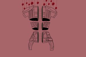 A sketch of parts of armour connected with red strings with roses, against a dark pink background.