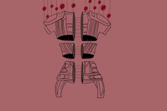 A sketch of parts of armour connected with red strings with roses, against a dark pink background.