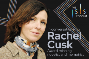 The Isis Podcasts logo in the top right corner, a headshot of Rachel Cusk to the left, the text "In conversation with Rachel Cusk; award-winning novelist and memoirist" to the right, against a black-and-neon background.