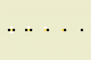 Black, yellow, and white dots decreasing in size from left to right, against a cream background.