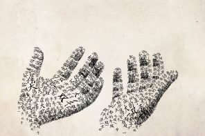 Drawing of two hands, made up of Chinese calligraphy