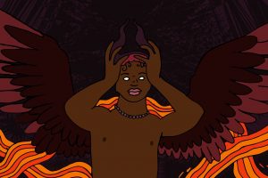 A cartoon of Lil Nas X with red devil wings and a crown, with flames around him.