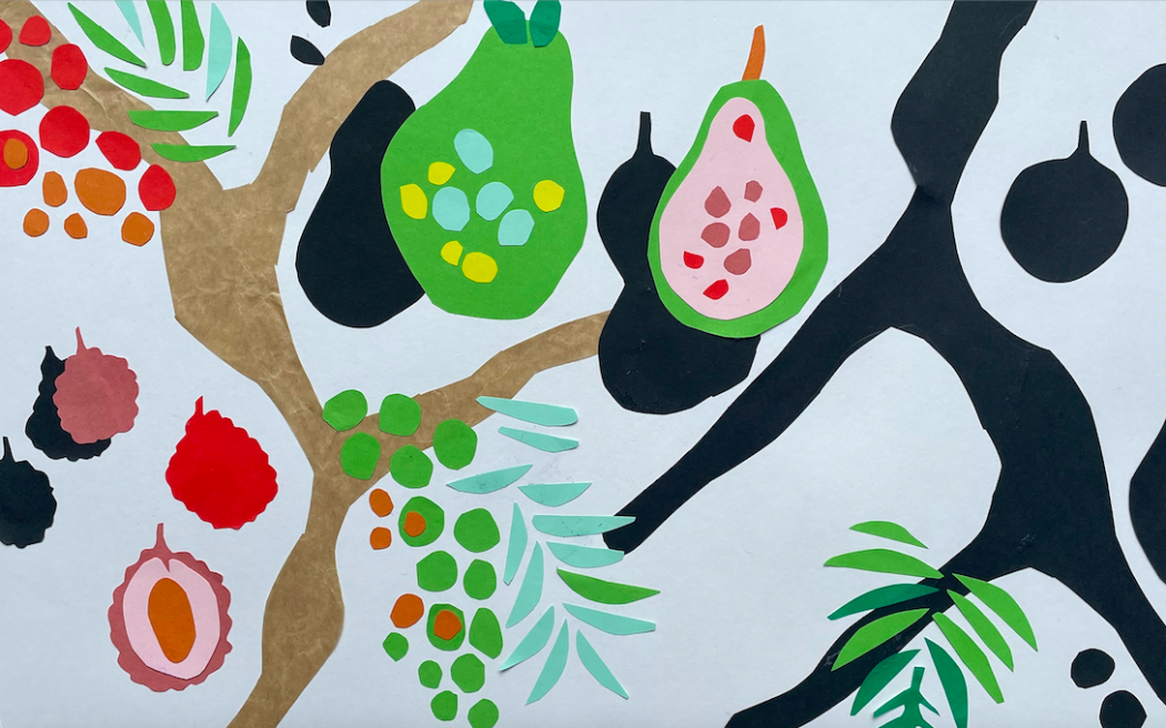 an abstract paper collage on fruit in trees