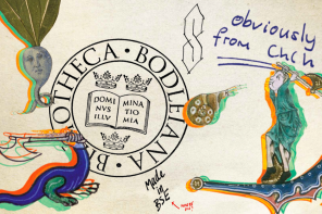 A collection of colourful, medieval looking marginalia surrounding a Bodleian library stamp.