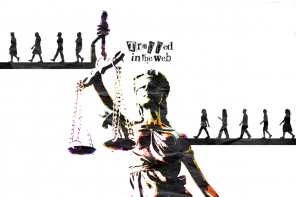 A justice scale with anonymous shadows walking across each scale, weighted very inequally.