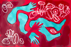 A red and turquoise acrylic painting depicting blue arms and legs in a pool of red water.
